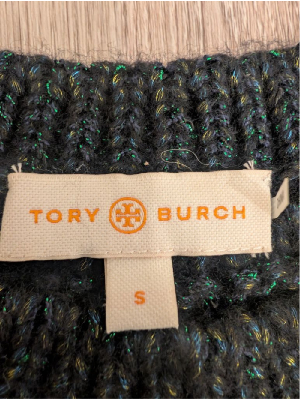 Tory Burch Lucy Metallic Green Beatle Embellish Sweater Size S Wool Cotton Blend - Picture 6 of 11